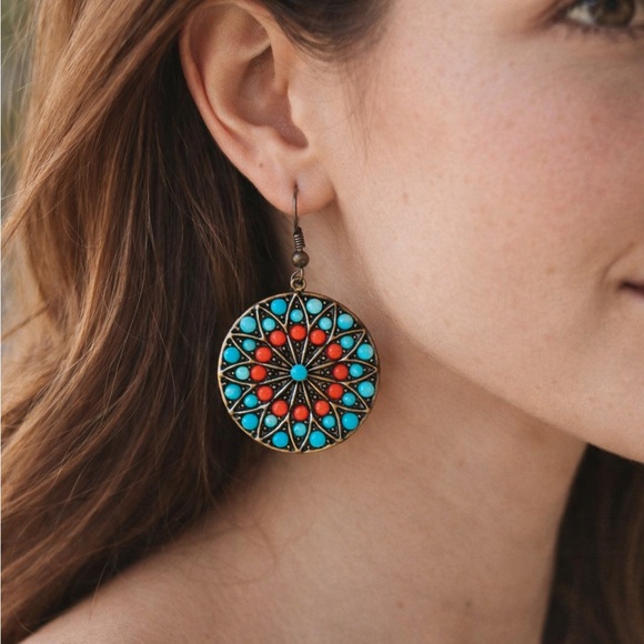 Vintage Jewelry - Vintage Boho Turquoise Medallion Dangle Earrings Southwest Festival